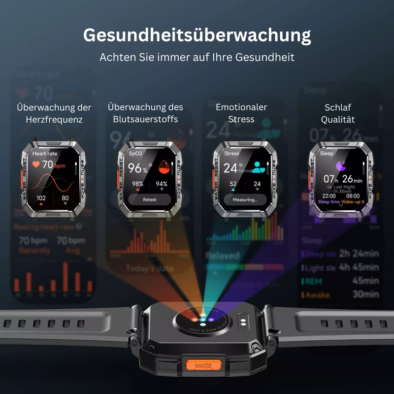 Smartwatch mit Gesundheitsüberwachung, Herzfrequenz, Blutsauerstoff, Stress, Schlafqualität.