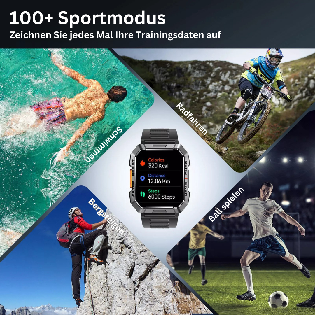 Smartwatch mit Sportmodi, Kalorien- und Schrittzähler, ideal für Schwimmen, Radfahren, Klettern.