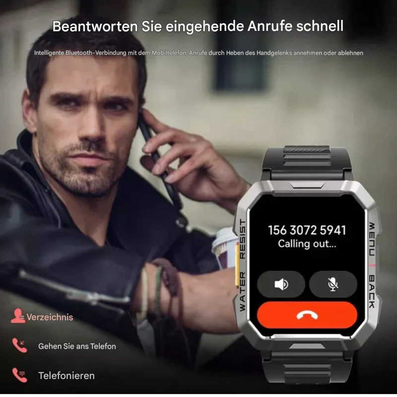 Smartwatch mit Anruffunktion, wasserdicht, schwarz, Bluetooth, Gesundheitsüberwachung.