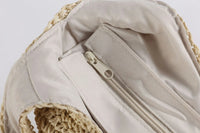 Beige Strohtasche mit Reißverschluss, gefüttert, handgefertigt, ideal für Sommer und Strand.