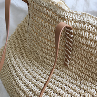 Geflochtene Strohtasche mit braunen Ledergriffen, Sommermode, umweltfreundlich, Damenaccessoire.