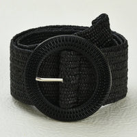 Schwarzer geflochtener Gürtel mit runder Schnalle, modisches Accessoire für Damen.