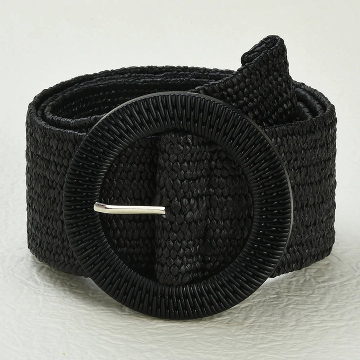 Schwarzer geflochtener Gürtel mit runder Schnalle, modisches Accessoire für Damen.