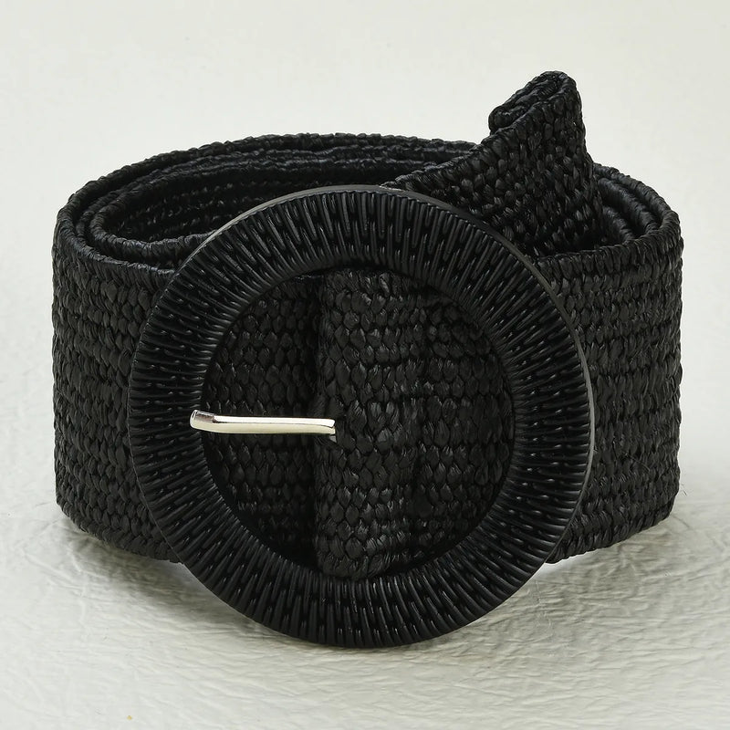 Schwarzer geflochtener Gürtel mit runder Schnalle, modisches Accessoire für Damen.