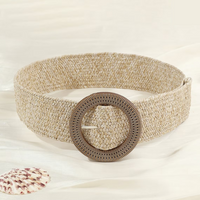 Beiger geflochtener Strohgürtel mit runder Schnalle, Damenmode Accessoire.