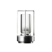 Moderne LED-Tischlampe, silber, Glaszylinder, minimalistisches Design, Innenbeleuchtung.