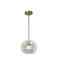 Moderne Glas-Pendelleuchte, transparent, mit goldener Fassung, ideal für Wohnzimmerbeleuchtung.