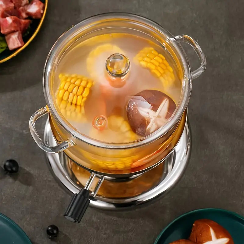 Glas-Topf mit Mais und Pilzen auf Herd, ideal für Suppen und Eintöpfe, transparent, hitzebeständig.