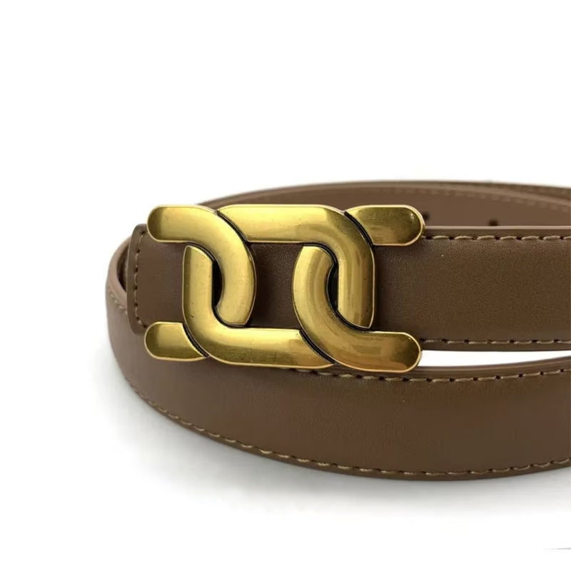 Brauner Ledergürtel mit goldener Schnalle, modisches Accessoire, hochwertig, elegant.