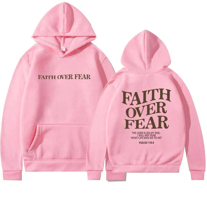 Rosa Unisex-Hoodie mit "Faith Over Fear"-Aufdruck, Baumwolle, inspirierendes Design.