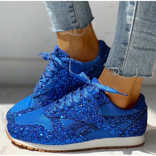 Blaue glitzernde Damen-Sneaker, Mesh, Schnürung, Plattform, lässig, bequem, Jeans.