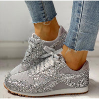 Silberne Glitzer-Sneaker für Damen, Mesh, Schnürung, bequem, modisch, Freizeit, Jeans.