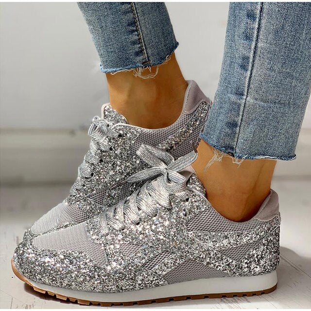 Silberne Glitzer-Sneaker für Damen, Mesh, Schnürung, bequem, modisch, Freizeit, Jeans.