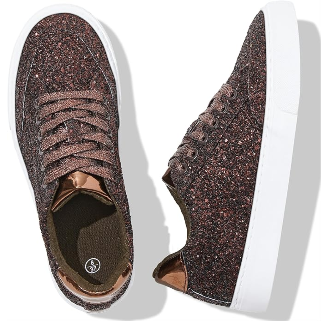 Glitzernde Damen-Sneaker, braun, mit weißen Sohlen, modisch, Größe 37.