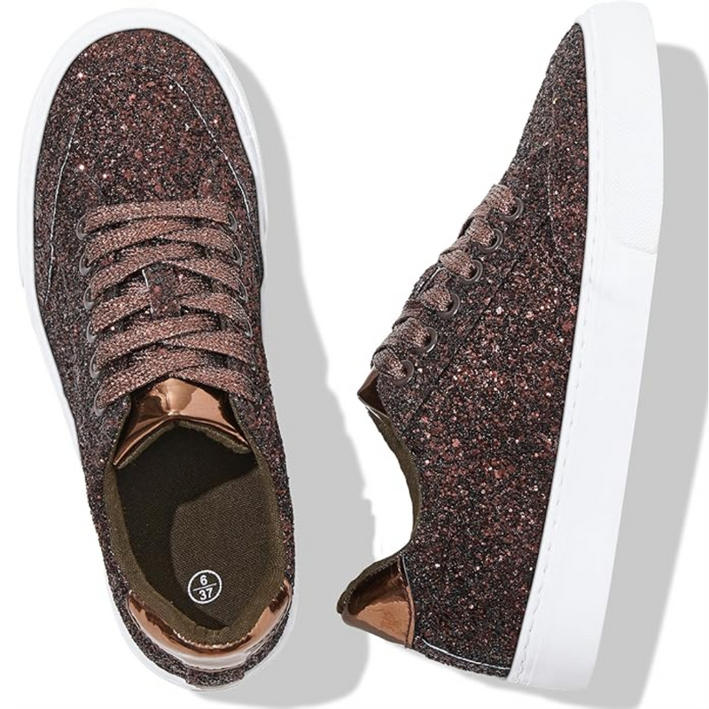 Glitzernde Damen-Sneaker, braun, mit weißen Sohlen, modisch, Größe 37.
