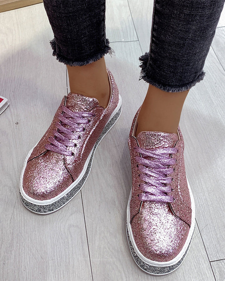Damen Glitzersneaker rosa, glänzend, Freizeitschuh, modisch, bequem, trendig, Straßenschuhe.