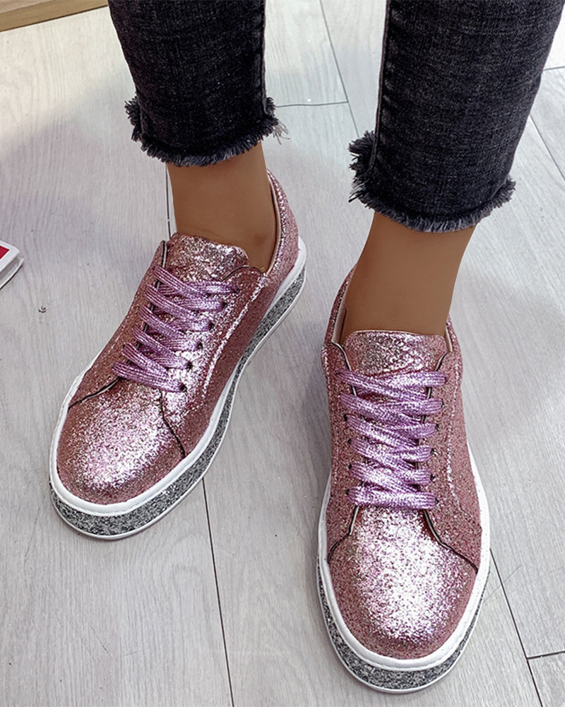 Damen Glitzersneaker rosa, glänzend, Freizeitschuh, modisch, bequem, trendig, Straßenschuhe.