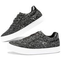 Schwarze Glitzer-Sneaker für Damen, modisch, bequem, mit weißer Sohle.