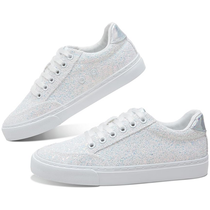 Weiße Glitzersneaker für Damen, modisch, bequem, Freizeit, Schnürschuhe, rutschfeste Sohle.
