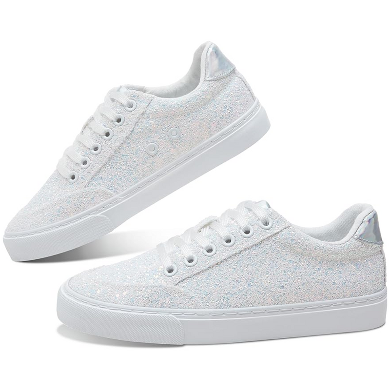 Weiße Glitzersneaker für Damen, modisch, bequem, Freizeit, Schnürschuhe, rutschfeste Sohle.