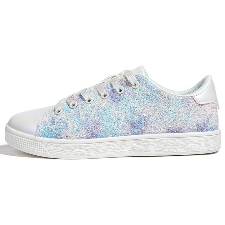 Weiße Sneaker mit schimmerndem, pastellfarbenem Glitzerdesign, Damenmode, Freizeitschuh.