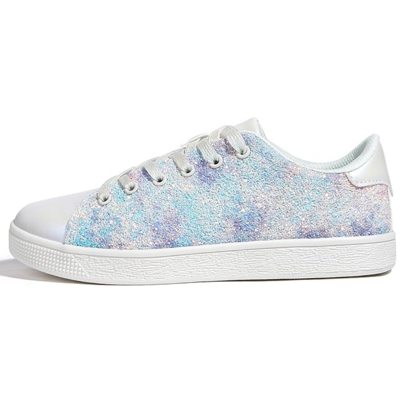 Weiße Sneaker mit schimmerndem, pastellfarbenem Glitzerdesign, Damenmode, Freizeitschuh.