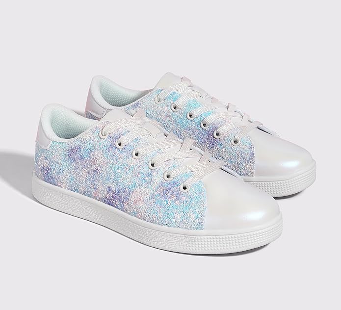Glitzernde Damen-Sneaker, weiß-blau, modisch, bequem, Freizeitschuh, trendig, sportlich.