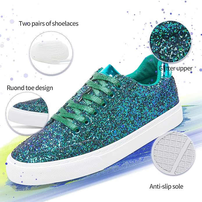 Glitzernde Damen-Sneaker, grün-blau, runde Spitze, rutschfeste Sohle, modische Freizeitschuhe.