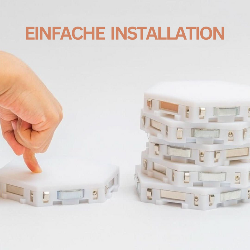 Weiße LED-Hexagon-Panels, stapelbar, einfache Installation, modernes Beleuchtungssystem.