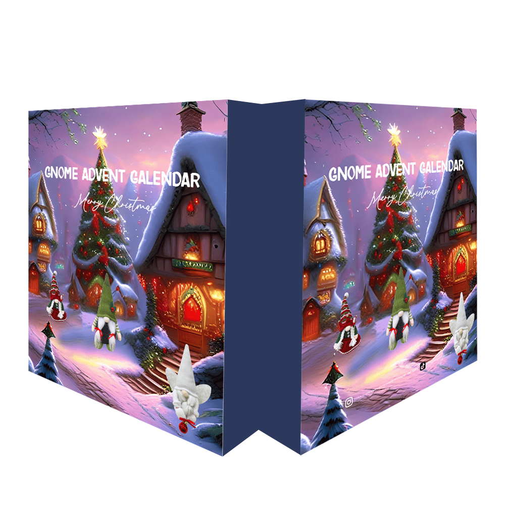 Gnome Adventskalender, weihnachtlich, bunt, mit Schneelandschaft und Häusern, Geschenkidee.