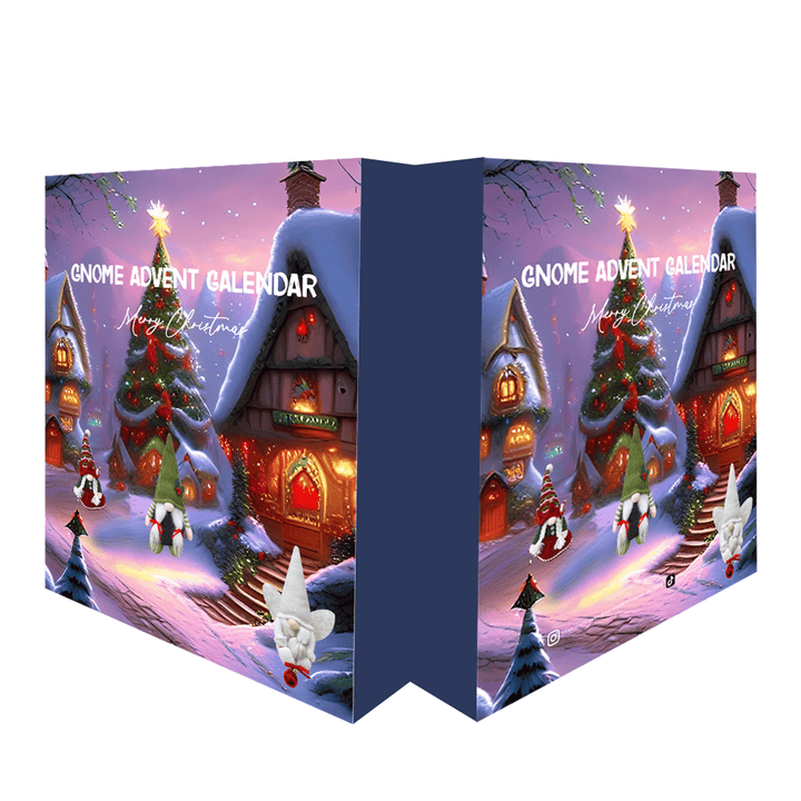 Gnome Adventskalender, weihnachtlich, bunt, mit Schneelandschaft und Häusern, Geschenkidee.