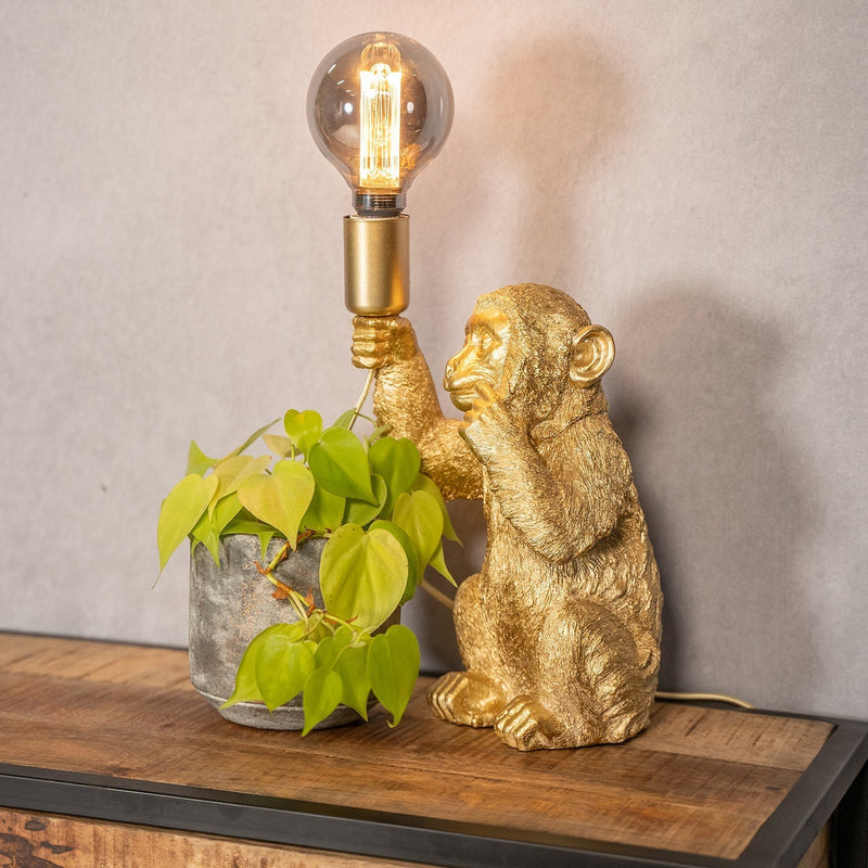 Goldene Affen-Tischlampe mit Glühbirne, dekorative Beleuchtung, 34 cm, modernes Design.