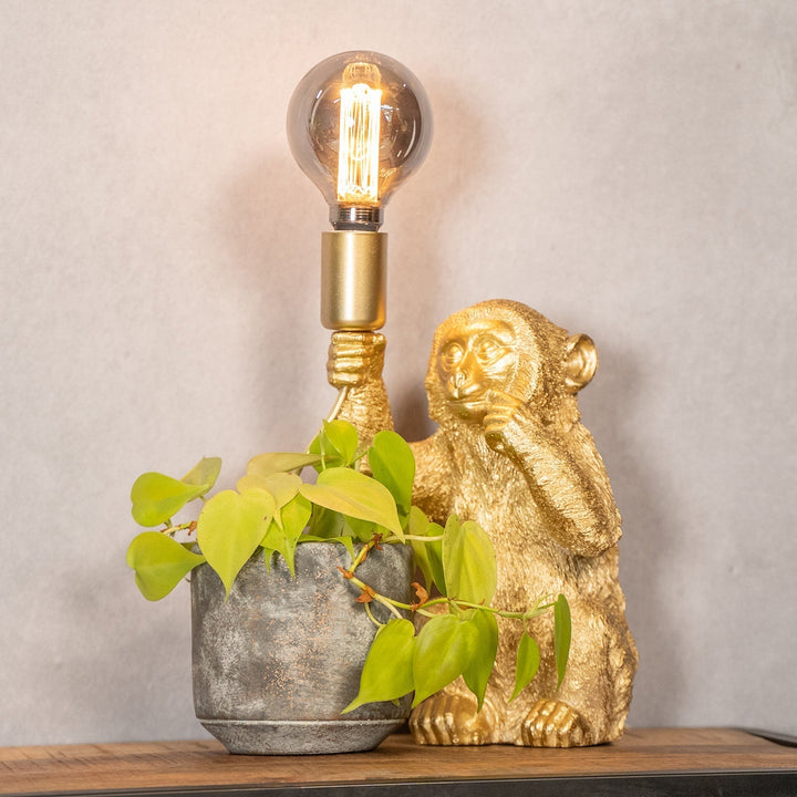 Goldene Affen-Tischlampe mit Glühbirne, neben grauem Blumentopf mit grünen Blättern.