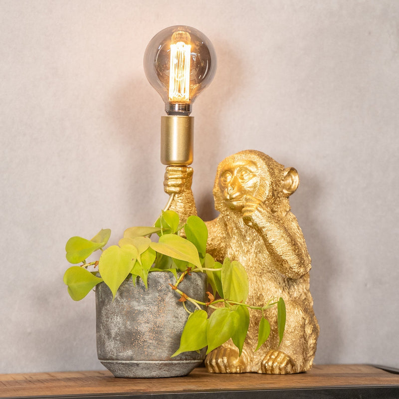 Goldene Affen-Tischlampe mit Glühbirne, neben grauem Blumentopf mit grünen Blättern.