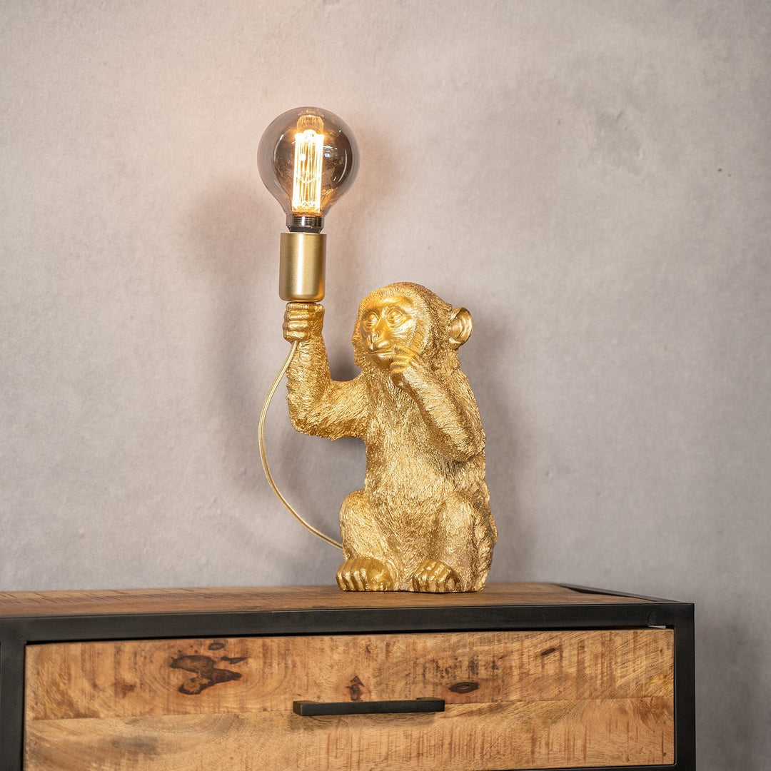 Goldene Affen-Tischlampe, skulpturales Design, E27-Fassung, dekorative Wohnaccessoires.