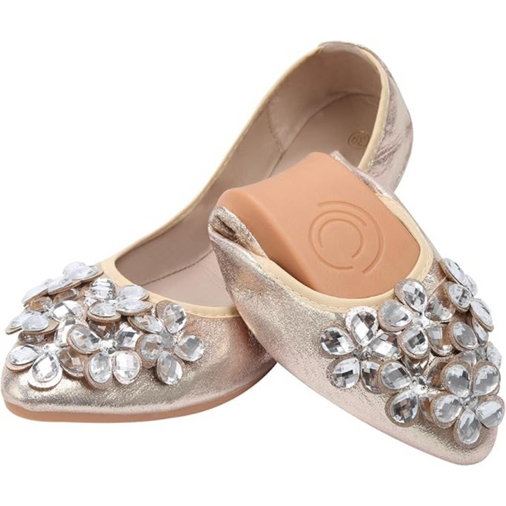 Goldene Ballerinas mit Strasssteinen, Damen, flach, elegant, festlich, bequem, modisch.