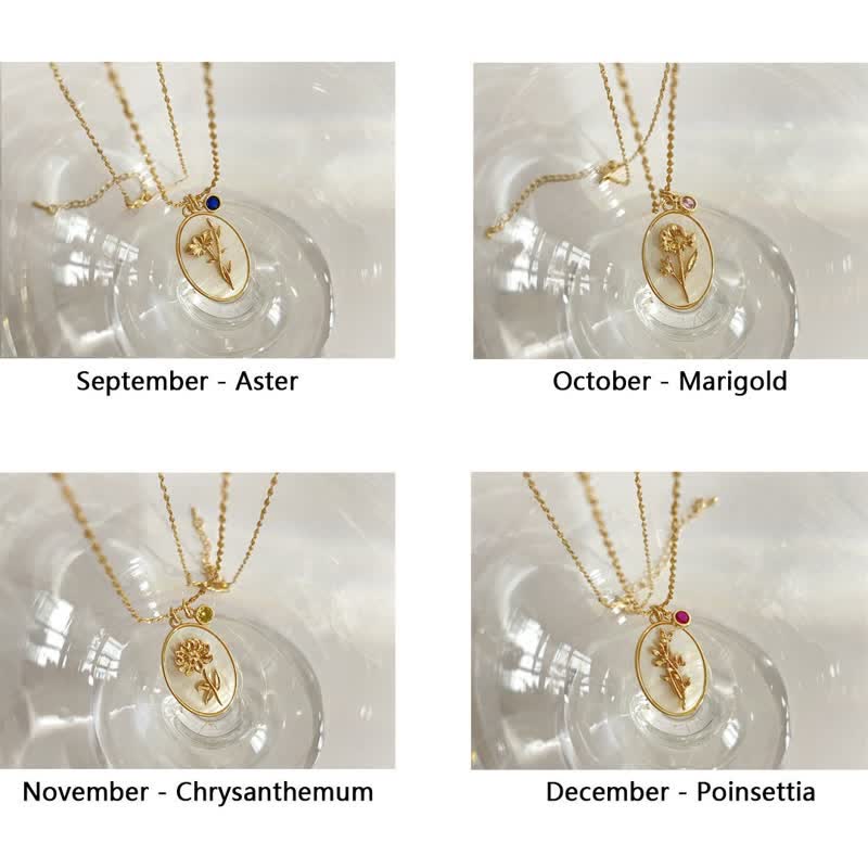 Goldene Halsketten mit Blumenanhänger für September, Oktober, November, Dezember auf Glasdisplay.