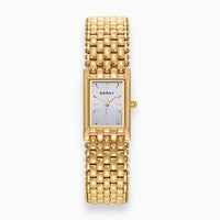 Goldene rechteckige Armbanduhr, Metallarmband, elegantes Design, Damenuhr, Luxusaccessoire.