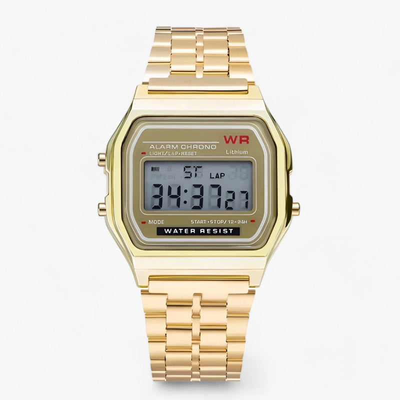 Goldene digitale Armbanduhr, Edelstahl, wasserdicht, Chronograph, Alarmfunktion.
