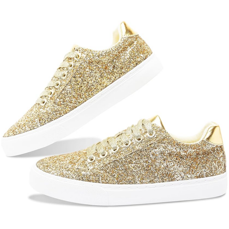 Goldene Glitzer-Sneaker für Damen, modische Freizeitschuhe, weißer Gummisohle.