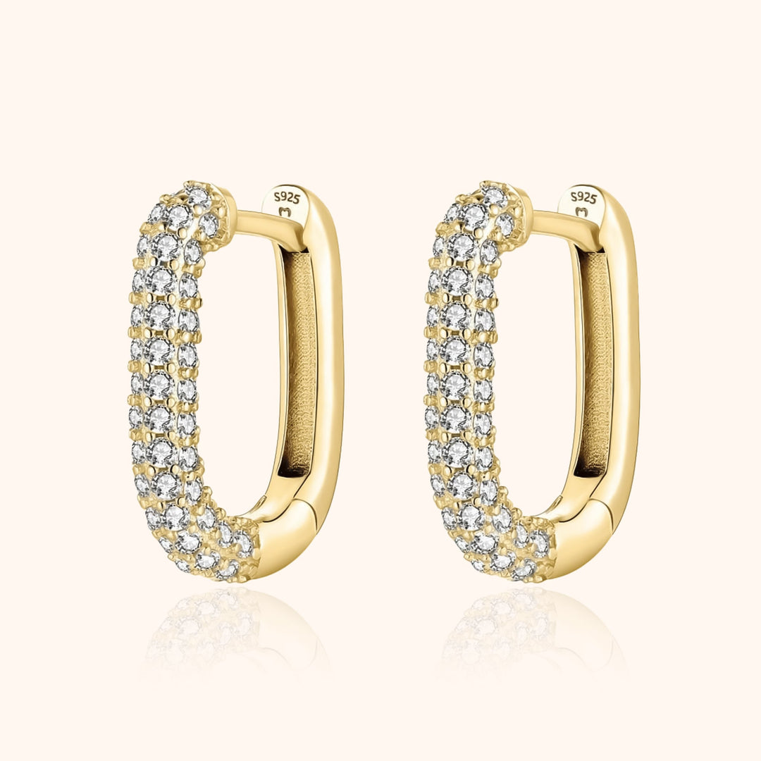 Goldene Creolen mit Zirkonia, rechteckig, 925er Silber, eleganter Schmuck für Damen.