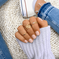 Goldene Ringe an Hand, gestrickter Pullover, Jeans, weiße Sneaker, modischer Schmuck.