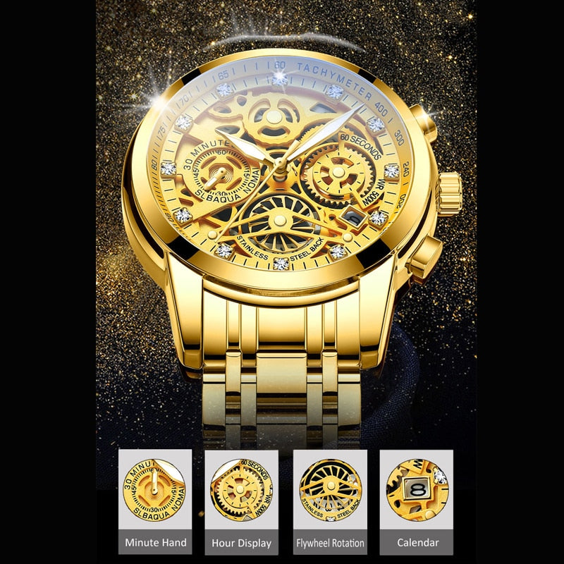 Goldene Skelett-Uhr mit Chronograph, Edelstahlarmband, luxuriöses Design, Herrenuhr.