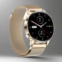 Goldene Damen-Smartwatch mit rundem Zifferblatt und Mesh-Armband, stilvoll und modern.