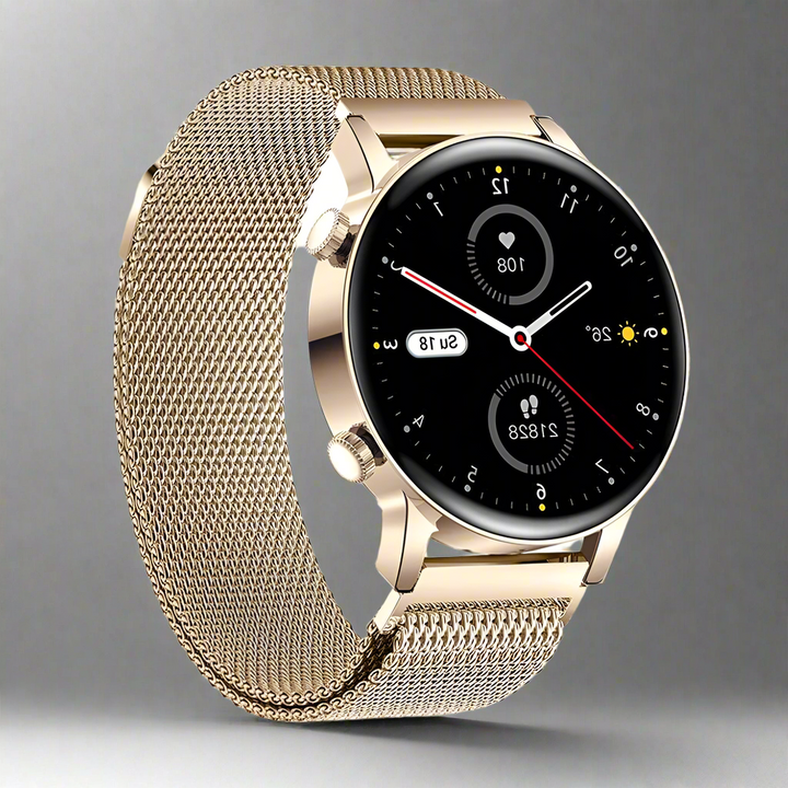 Goldene Damen-Smartwatch mit rundem Zifferblatt und Mesh-Armband, stilvoll und modern.