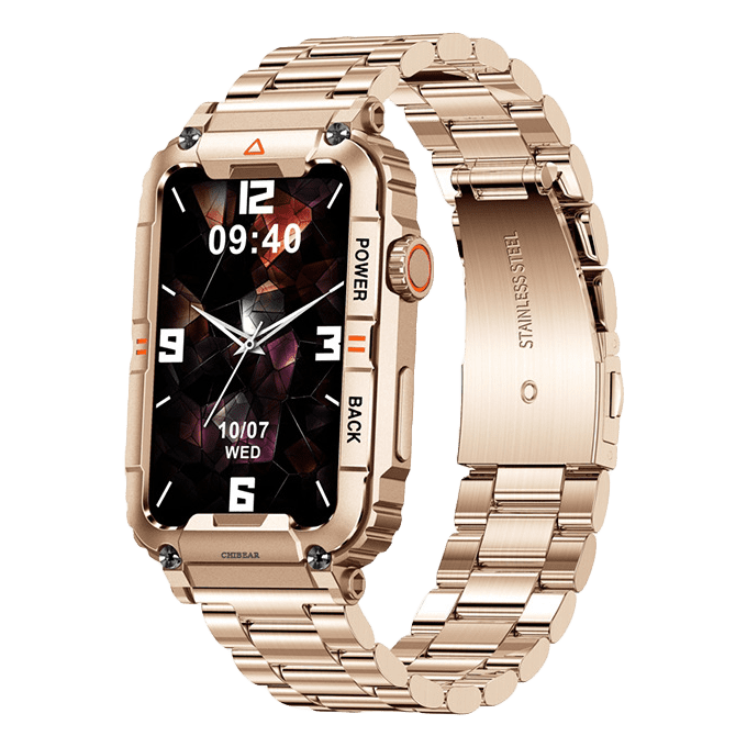 Goldene Edelstahl-Smartwatch mit rechteckigem Zifferblatt, digitaler Anzeige und Metallarmband.