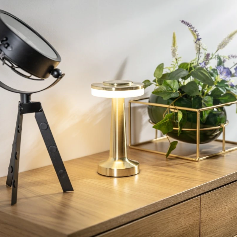 Goldene Tischlampe aus Metall auf Holzschrank neben schwarzem Scheinwerfer und Pflanze.