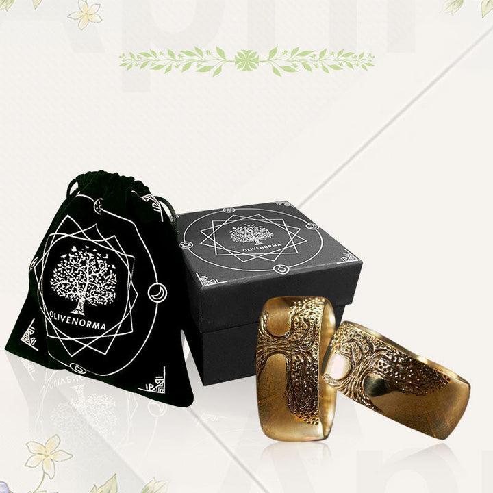 Goldener Armreif mit Gravur, Geschenkbox und Samtbeutel, Schmuck, elegantes Design, Olivenorma.