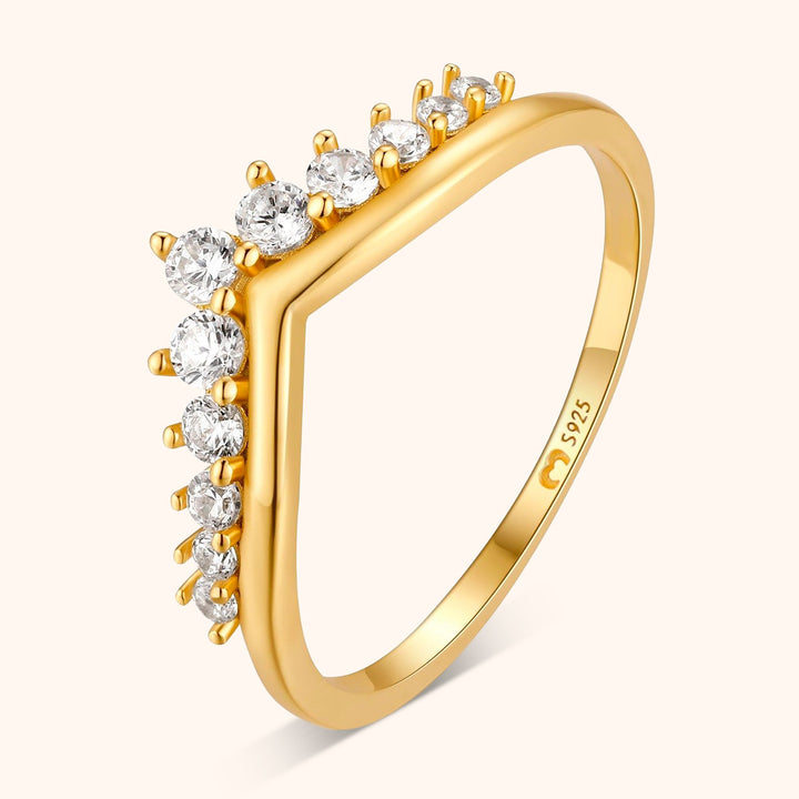 Goldener V-Ring mit Zirkonia-Steinen, elegantes Design, Damen-Schmuck, 925er Silber.