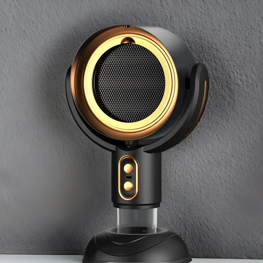 Schwarzer und goldener Haartrockner, modern, stilvoll, leistungsstark, für schnelles Trocknen.